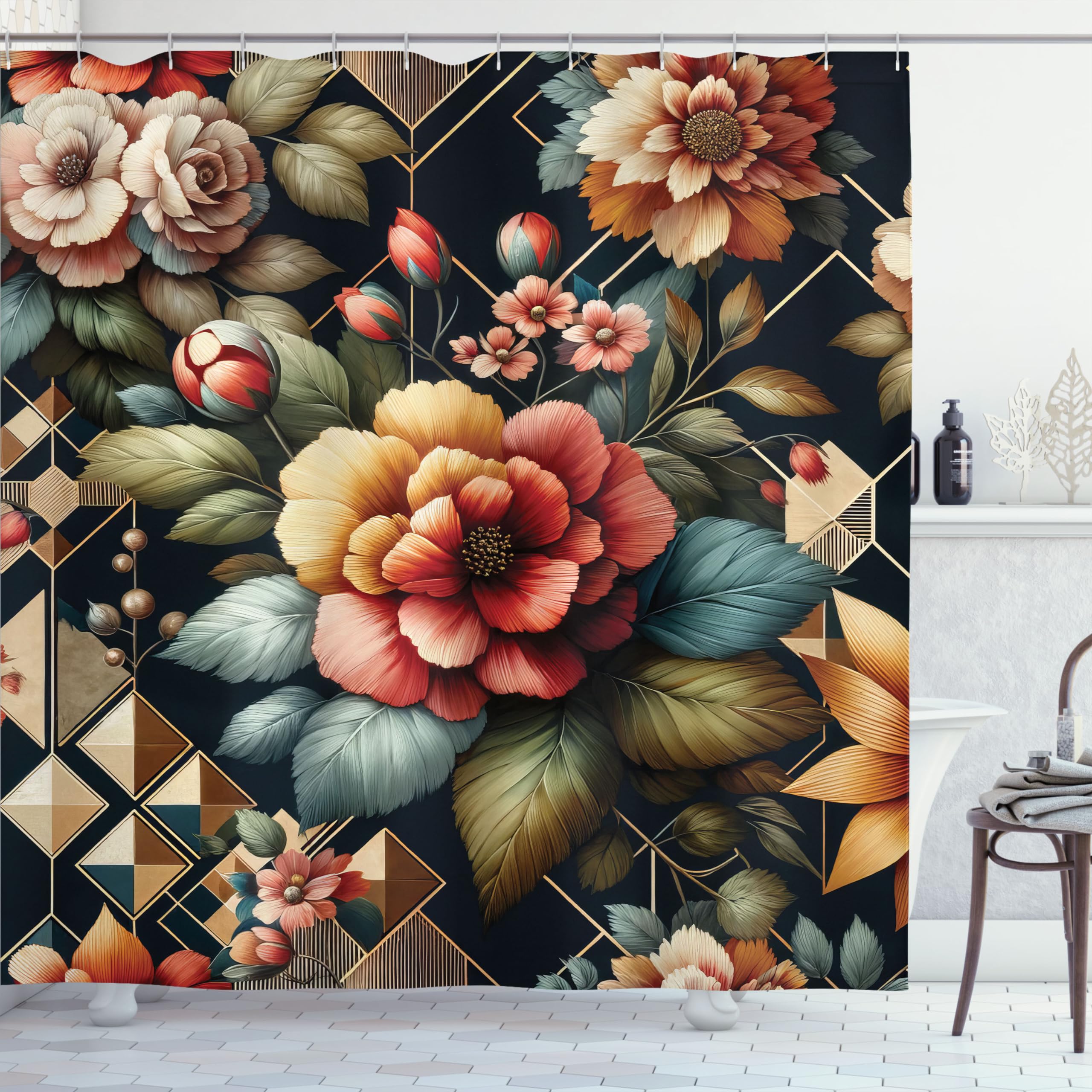 Ambesonne Floral Shower Curtain, Leafy Atmosphere Garden Scene With Blooming Roses And Futurist Lines, Cloth Fabric Bathroom Dec